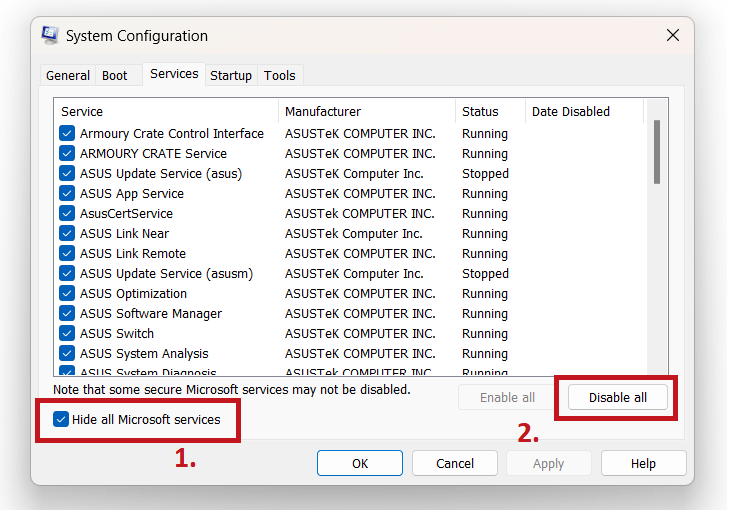 Mark the checkbox for <em>Hide all Microsoft services</em> so that you don’t disable operating system services