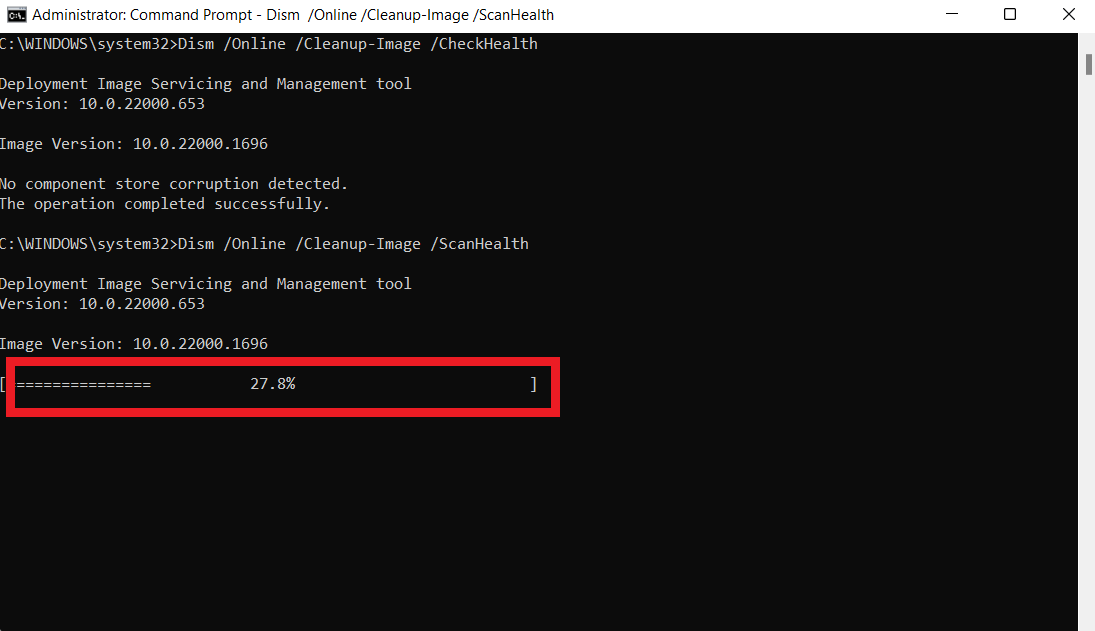 Next, type Dism /Online /Cleanup-Image /RestoreHealth to repair the system image