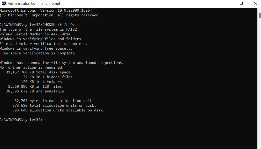 Type Press CHKDSK /f /r D:and press enter. Remember to check your disk letter and replace it accordingly