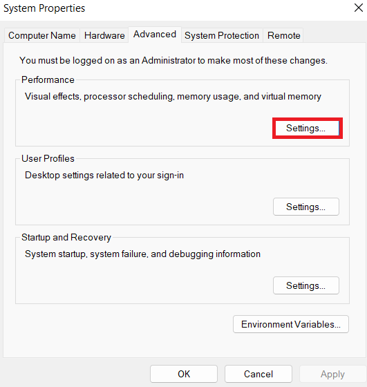 Click on the <em>Settings</em> button under <em>Performance</em>
