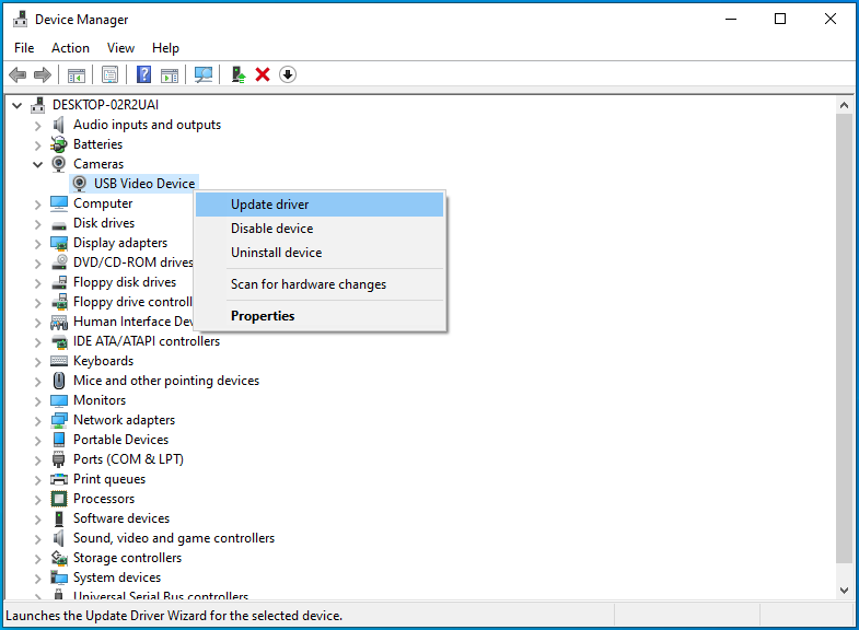 Select Update driver after right-clicking your camera device in Device Manager.