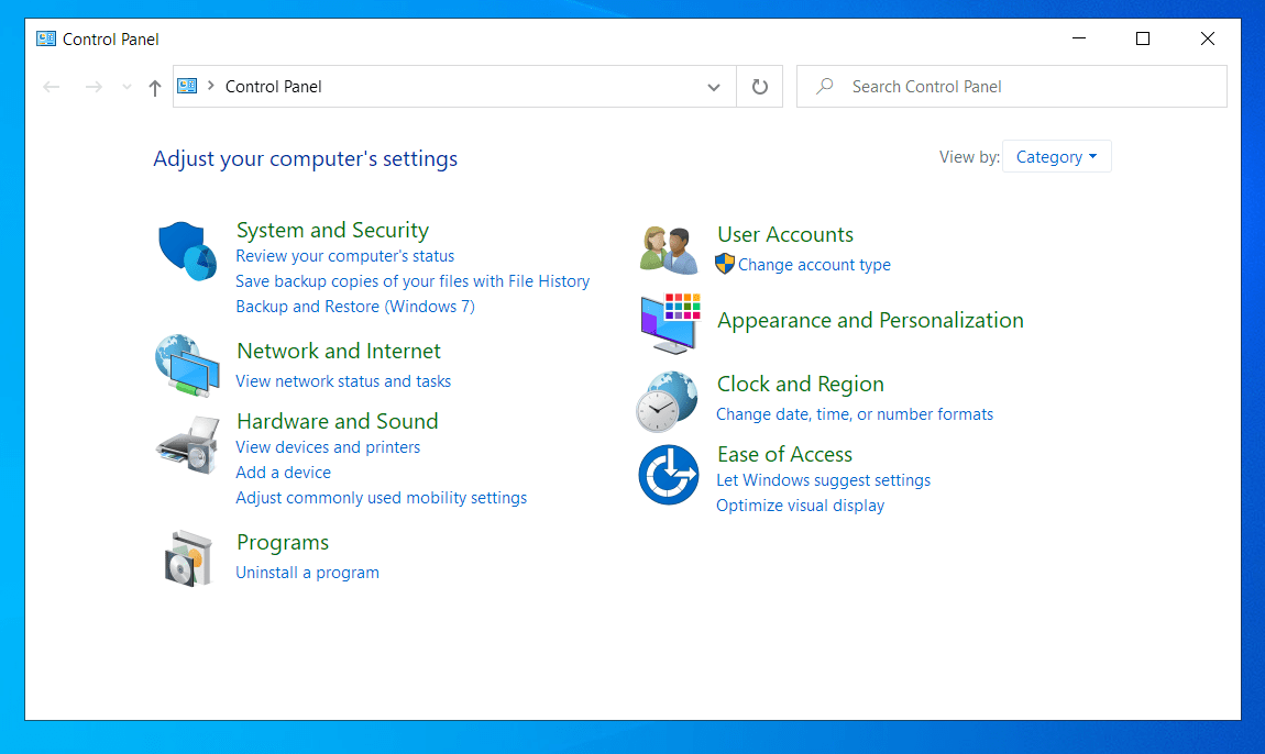 Open Control Panel and select Category as the default view mode.