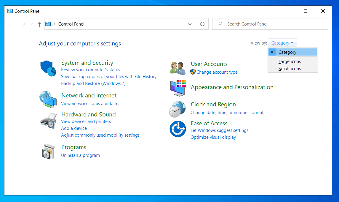 Set the view mode in Control Panel to Category.