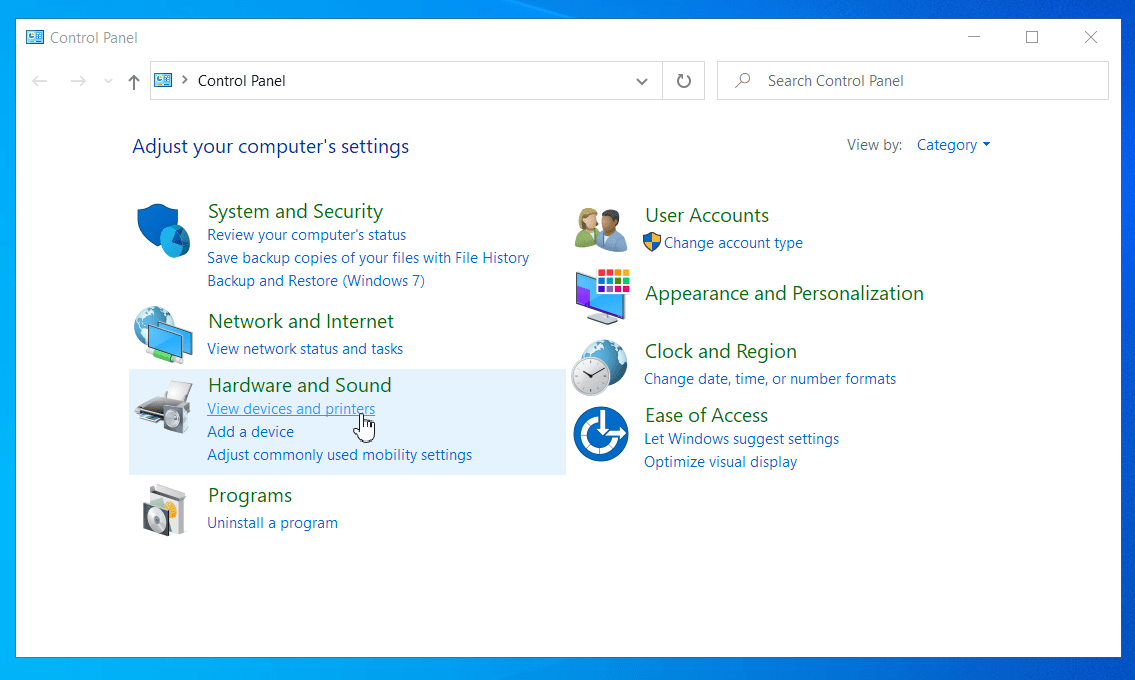 Click View devices and printers in Control Panel.