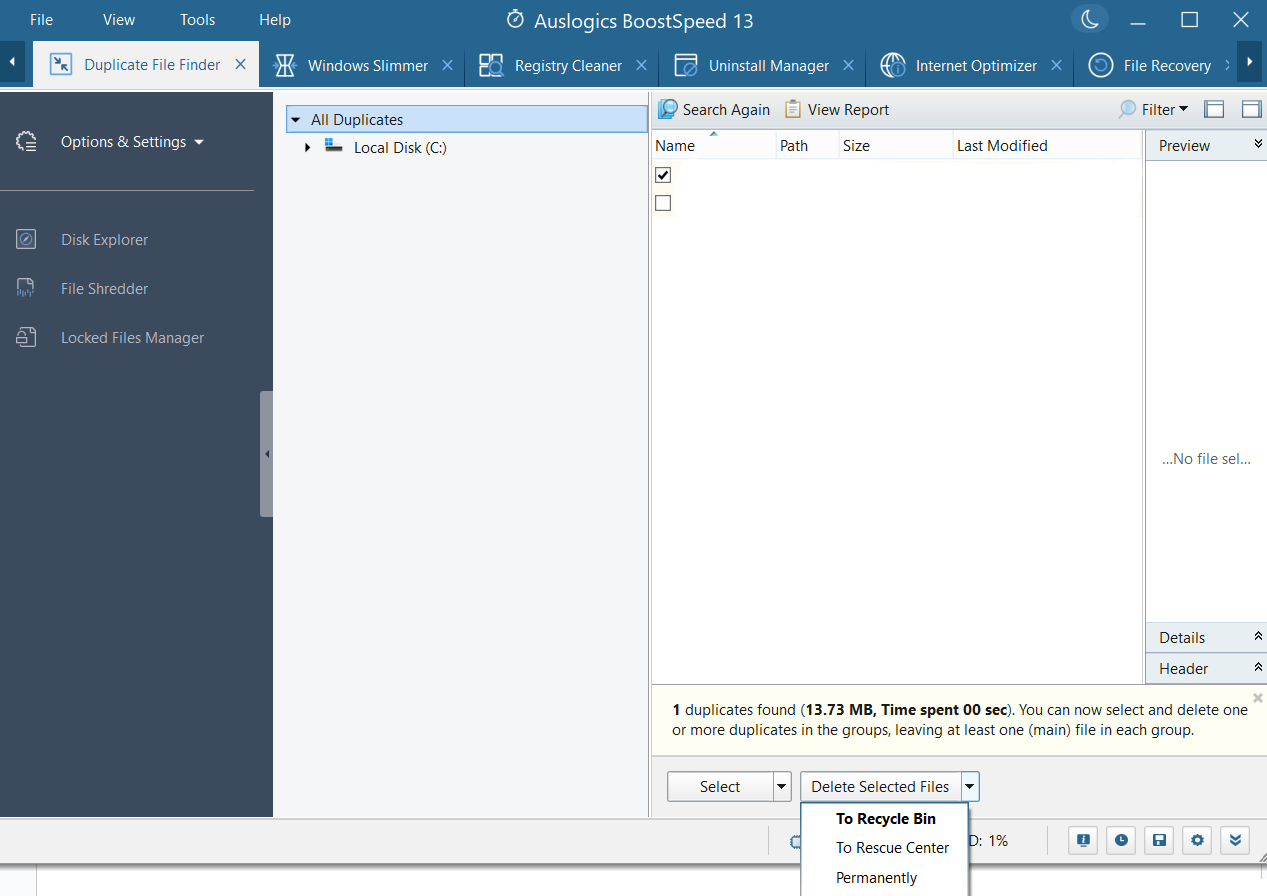 Удаление дубликатов файлов с помощью Auslogics BoostSpeed ​​13 Uninstall Manager