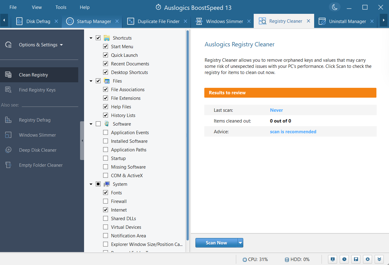Running Auslogics Registry Cleaner