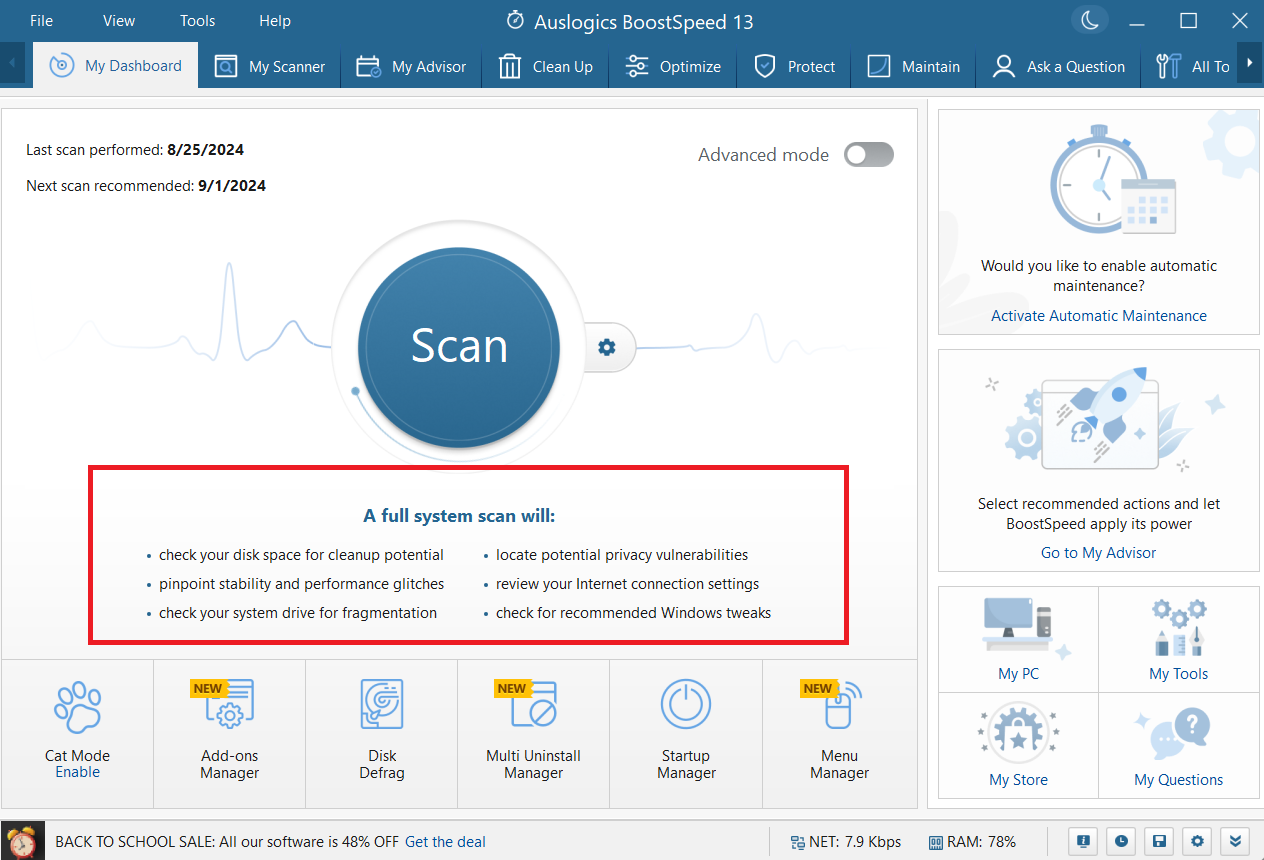 In Auslogics BoostSpeed, select Scan