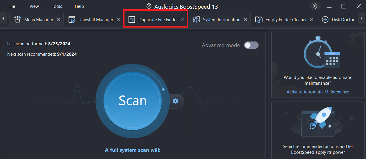 Run Auslogics BoostSpeed and click Duplicate File Finder
