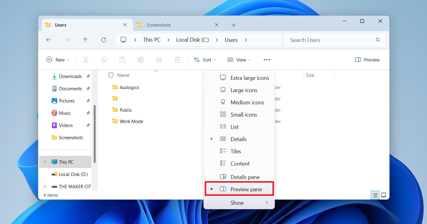 Select Preview pane