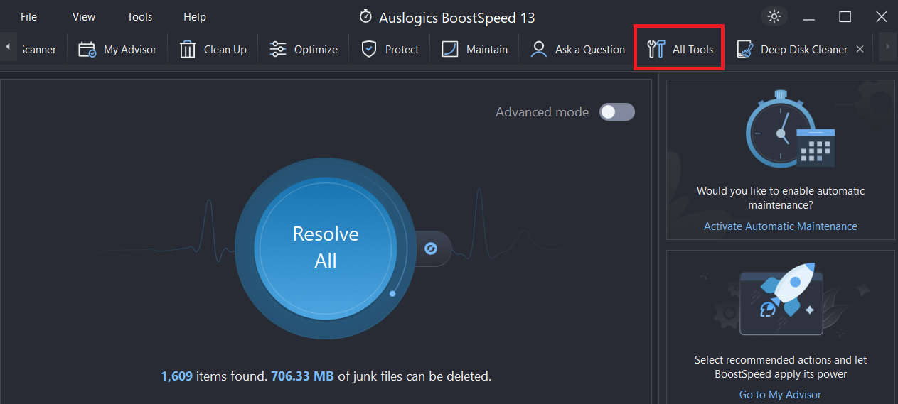 In Auslogics BoostSpeed, select All tools
