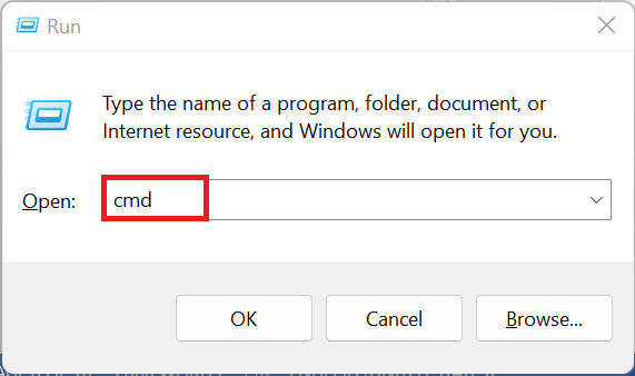Press Windows + R to open the Run dialog box. Type cmd and press Enter to open the Command Prompt