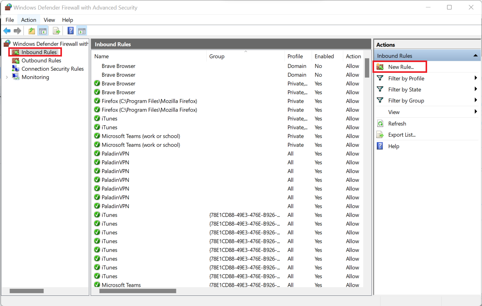 In the left menu, click Inbound Rules, then click New Rule in the right-hand menu