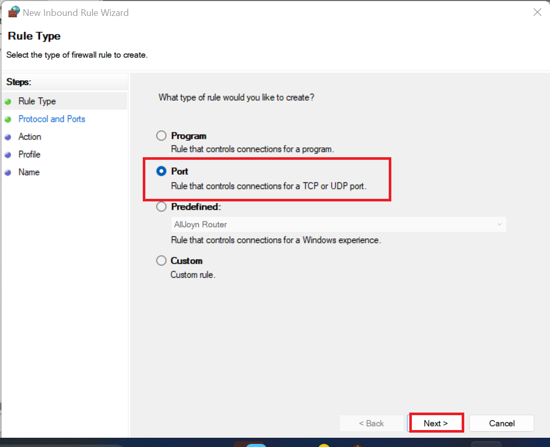Next, you need to choose a rule type. Select Port and click Next