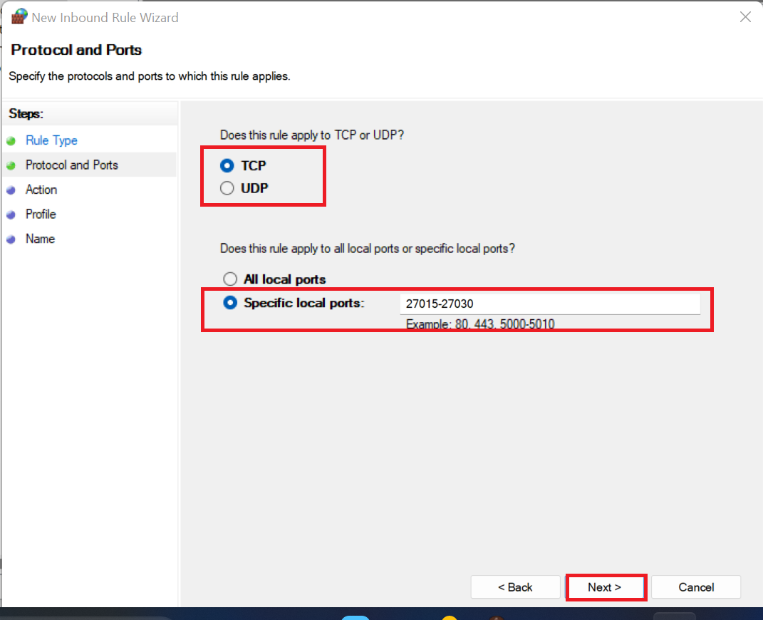 Enter the specific port numbers or range provided by the game, and click Next