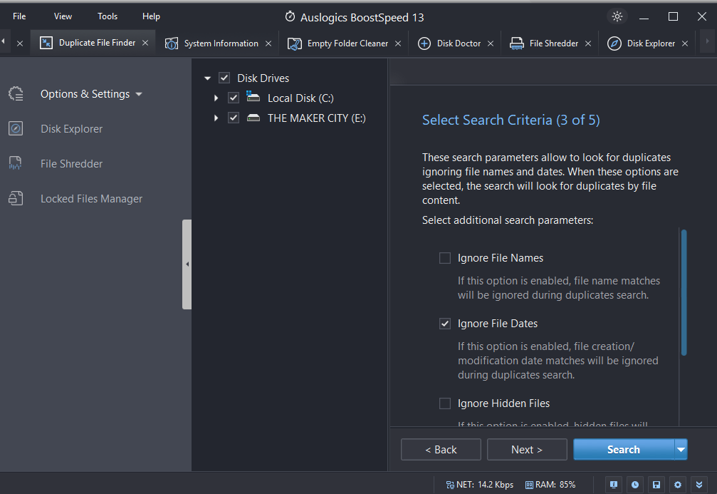 Auslogics Duplicate File Finder Do not search in subfolders
