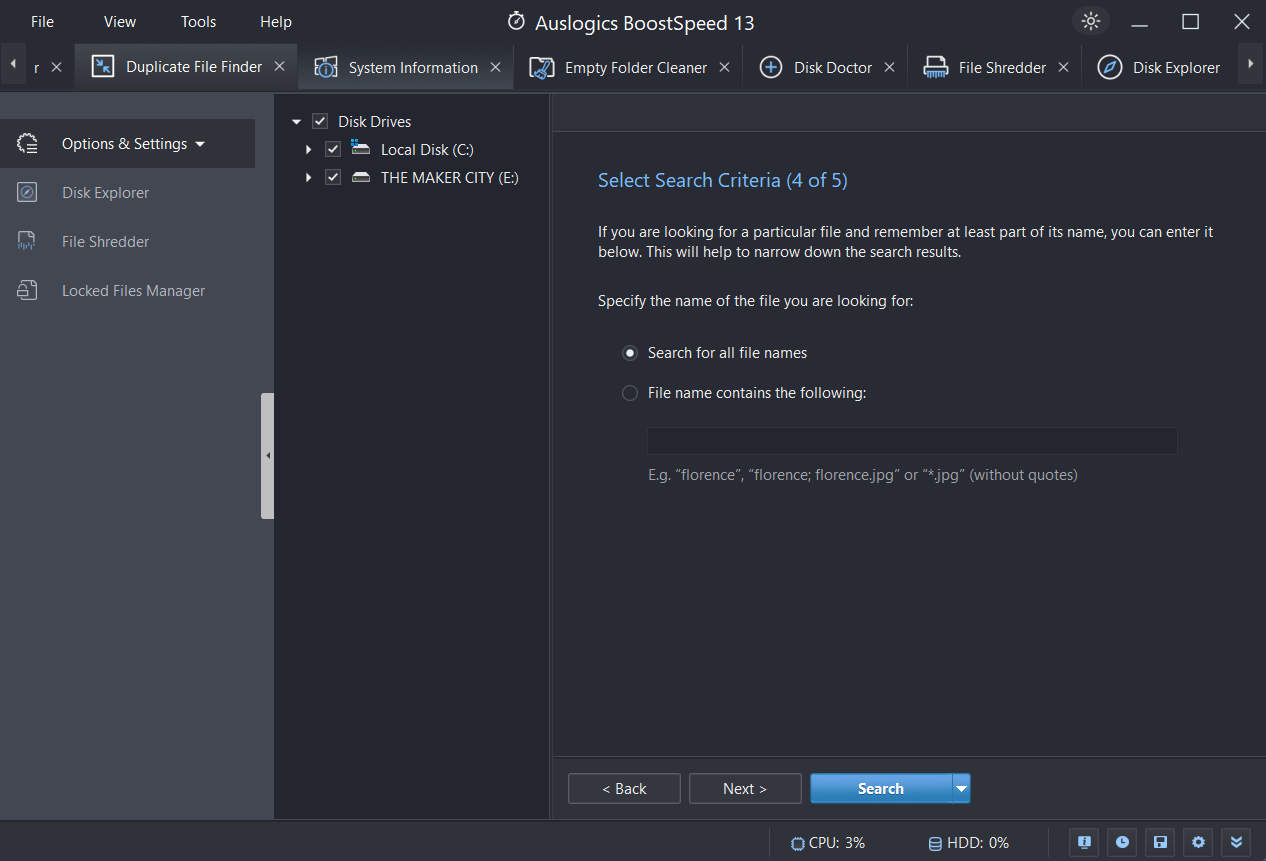 Auslogics Duplicate File Finder select search criteria