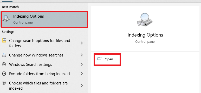 Type in indexing options