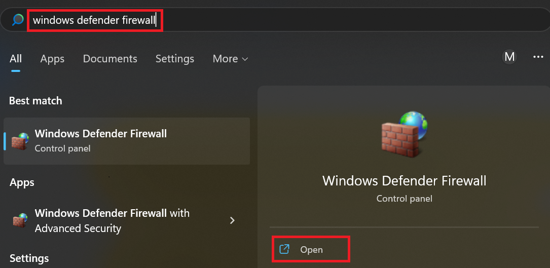 In the Windows search, type Windows Defender Firewall, and open it