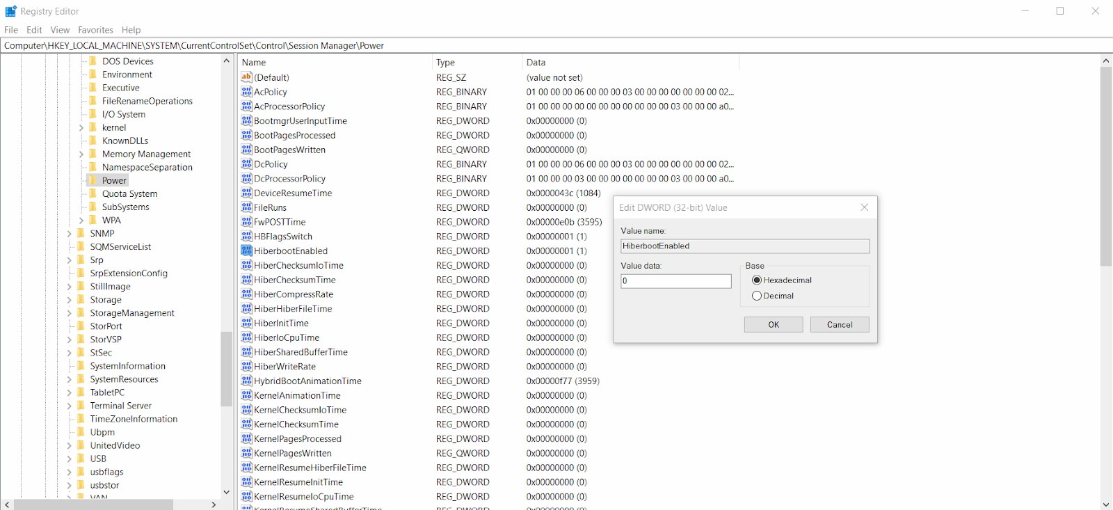 Desative a inicialização rápida usando o Editor do Registro