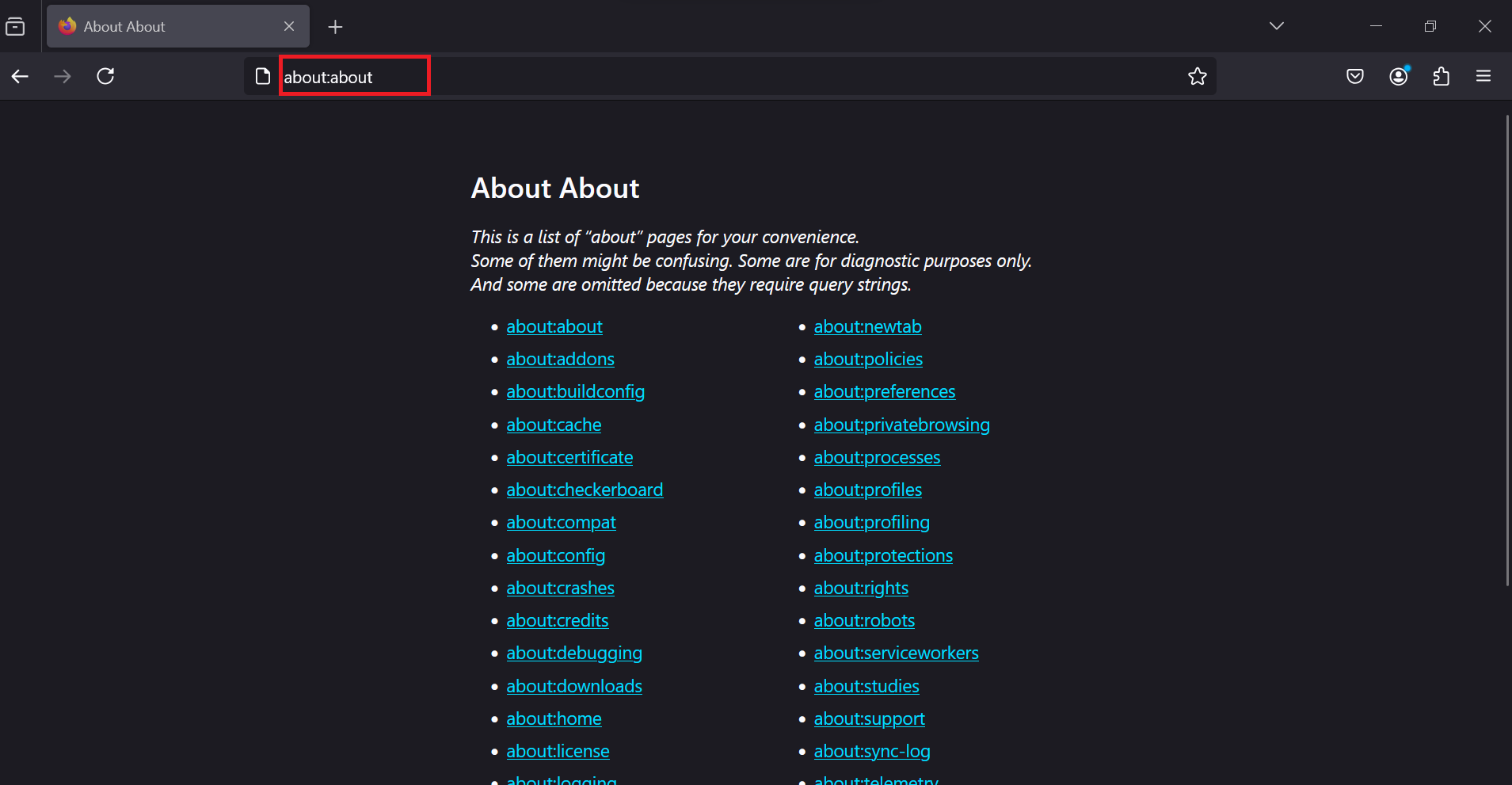 To find the full list of URLs, type about:about
