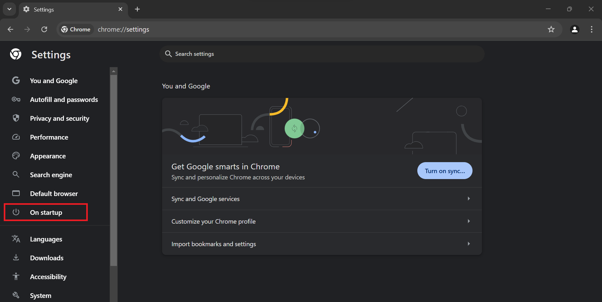 In the Settings menu, click On startup