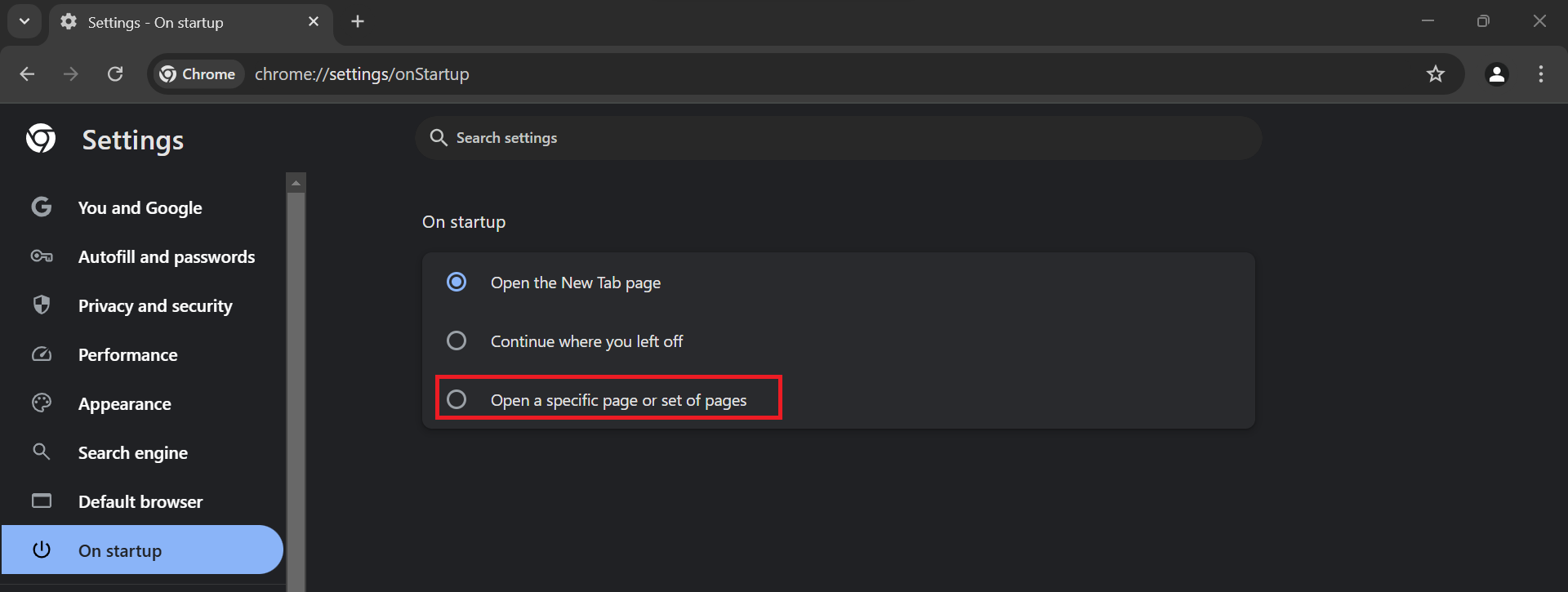 Now select the last option, Open a specific page or set of pages