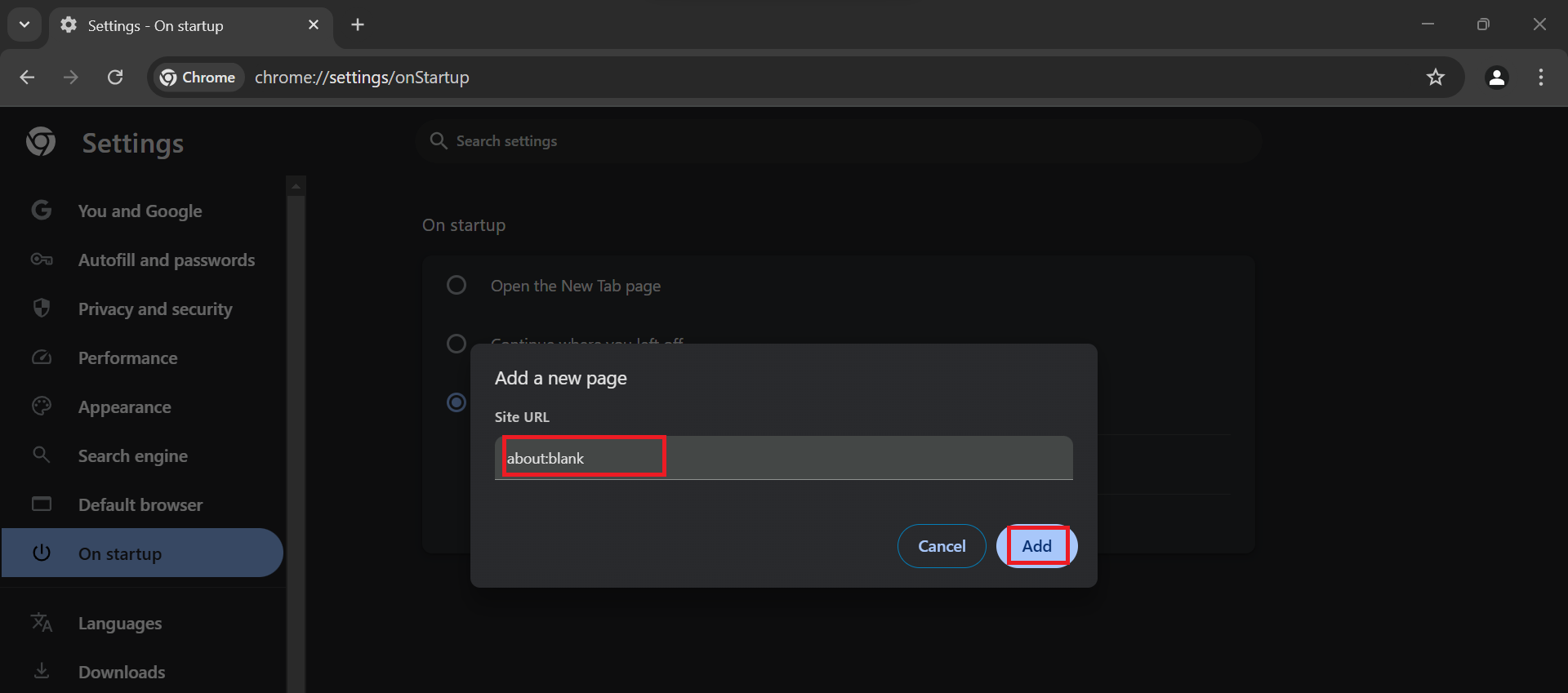In the Site URL field, enter about:blank. Click Add to complete the process