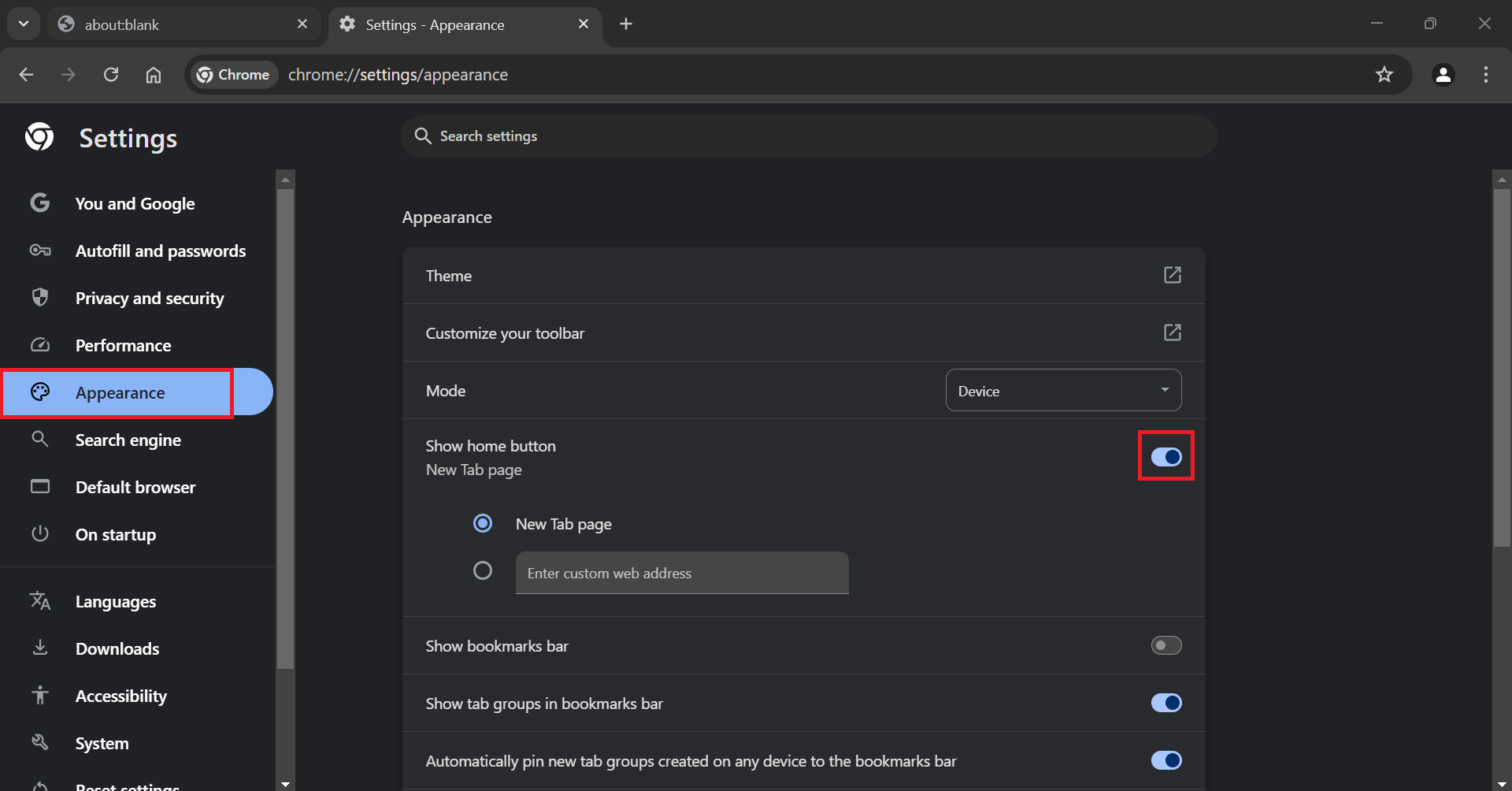 Under Settings, click Appearance. Then, toggle on Show home button