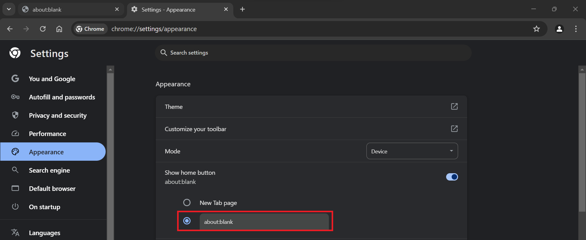 Select the option that reads Enter custom web address and type in about:blank