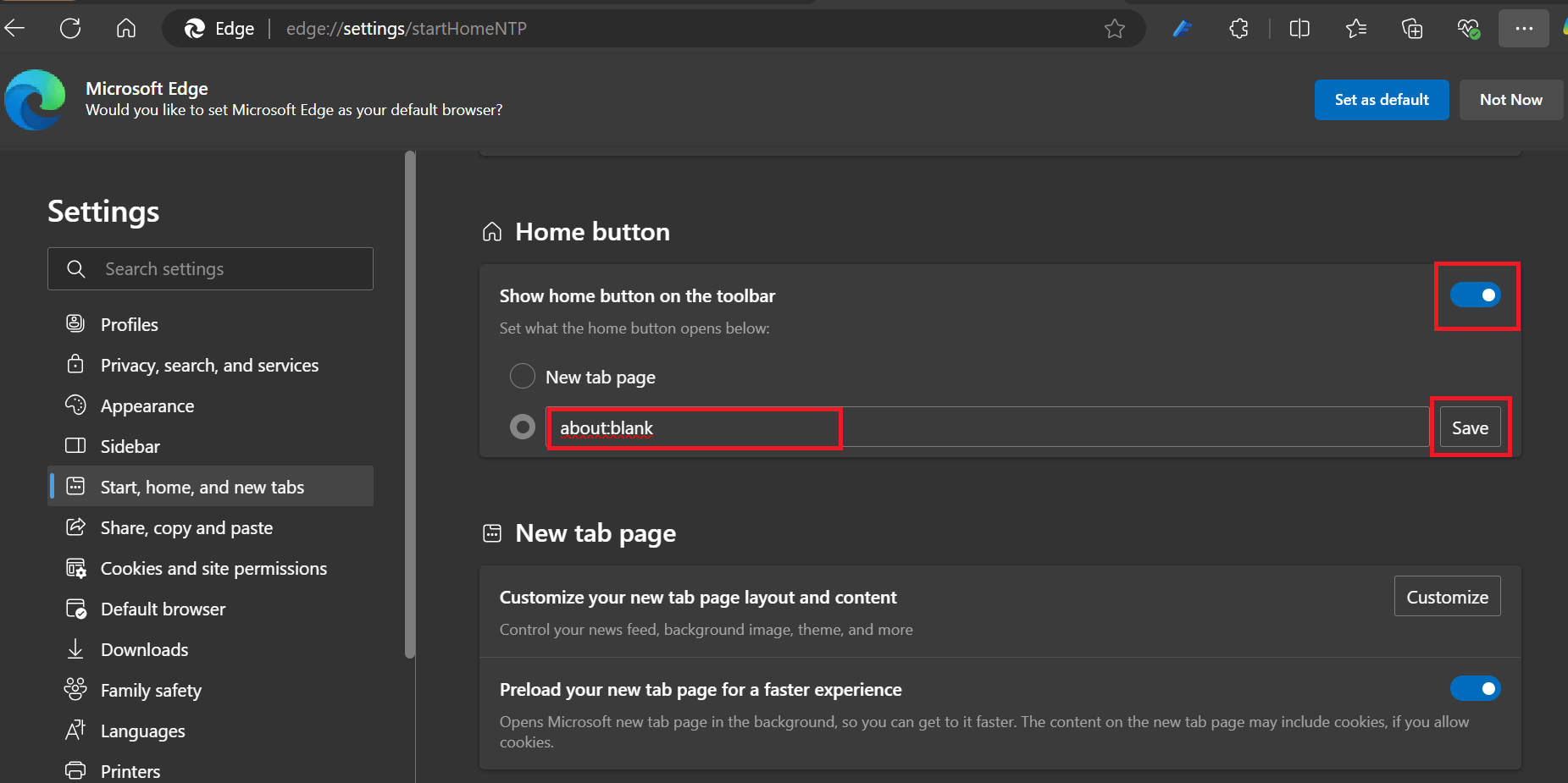 Scroll down to Home button. Toggle on Show home button on the toolbar and enter about:blank in the URL field. Once you are done, click Save