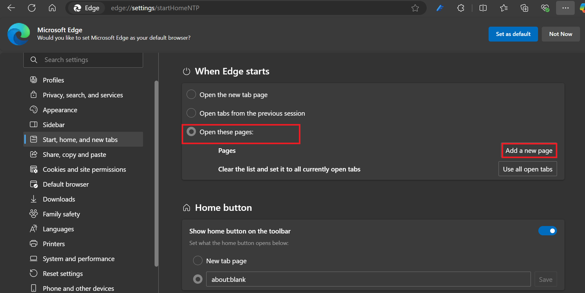 In the section When Edge starts, select the option Open these pages. Under it, click Add a new page