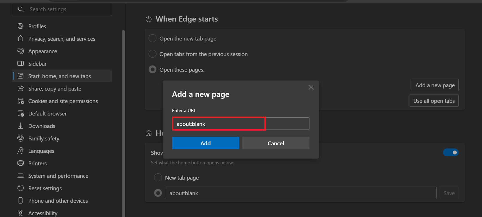 Type about:blank in the URL field that appears and click Add