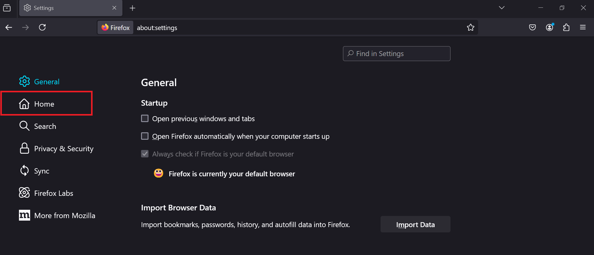 In Settings, click Home on your left