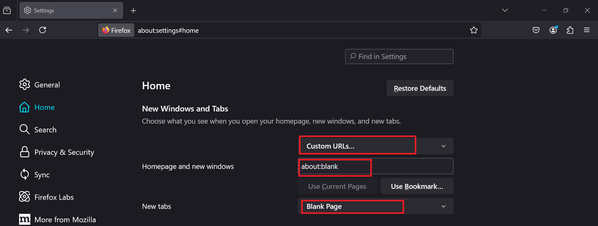 Next to Homepage and new windows, select Custom URLs and type about:blank. For the New tabs section, select Blank Page from the dropdown menu