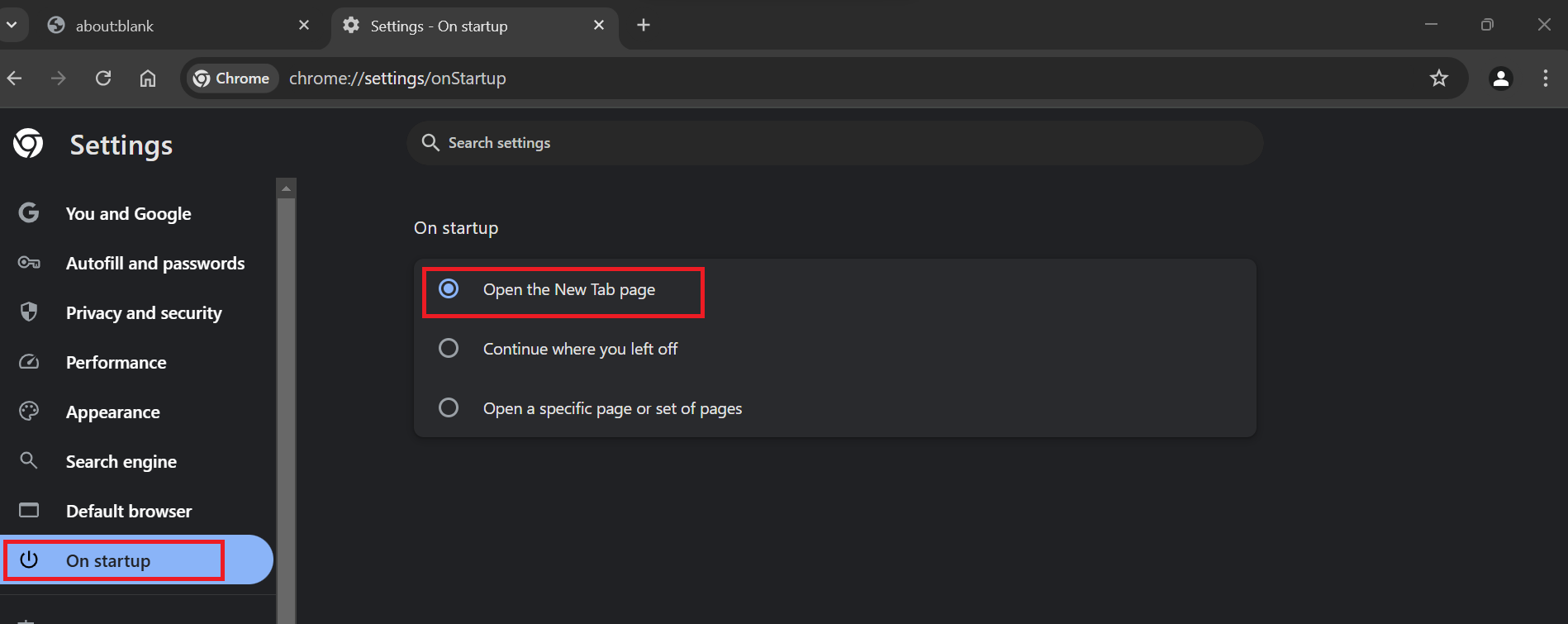 Choose the option that says Open the New Tab page