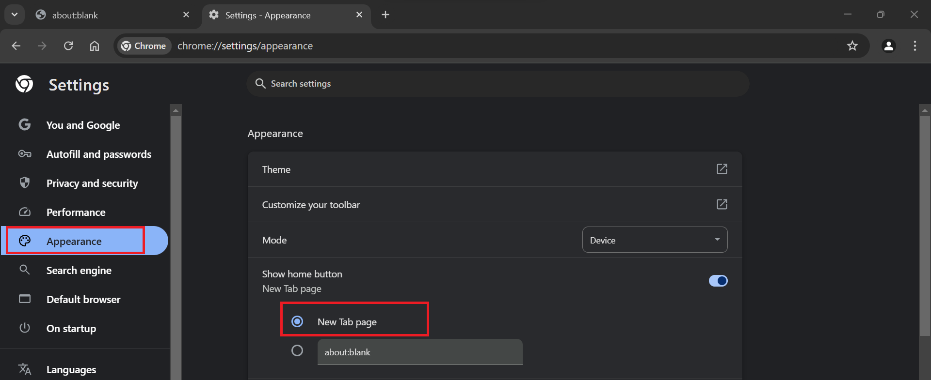 Under the Show home button area, select the New Tab page option