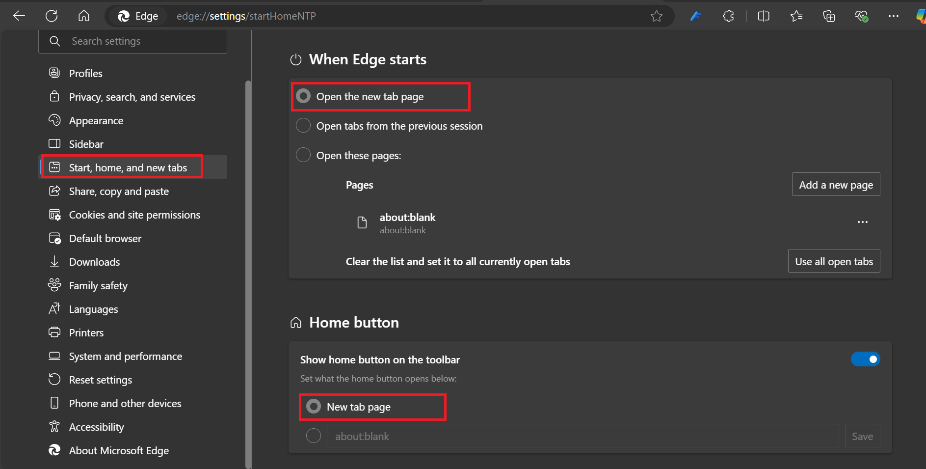 Underneath that, where you have the Home button, select the New tab page option