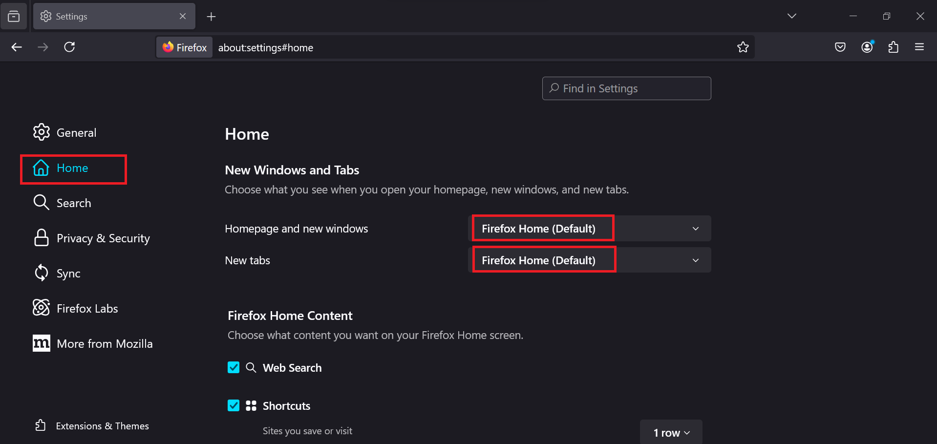 Next to Homepage and new windows and New tabs, choose Firefox Home (Default)