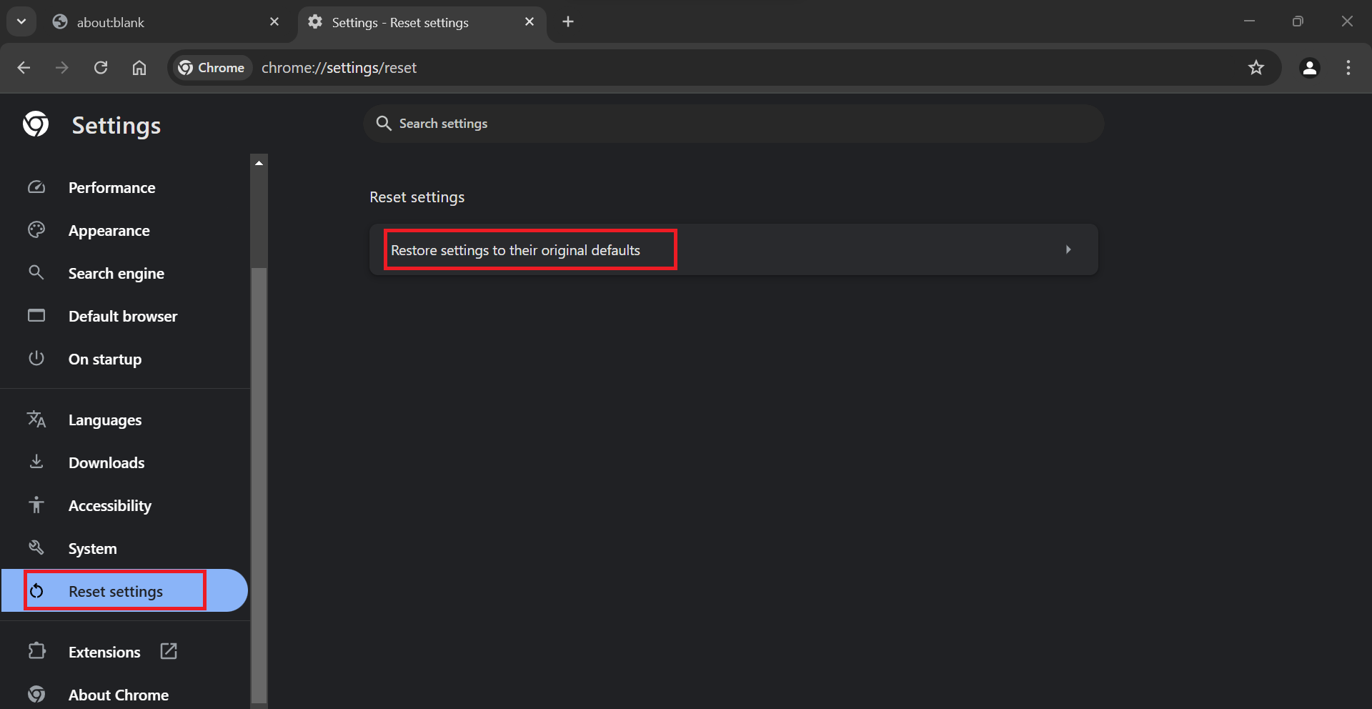 Scroll down and click on Reset settings. Next, click on Restore settings to their original defaults