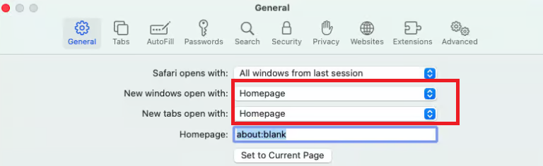 Change New windows open with and New tabs open with to Homepage to make this page load when you open a new window or tab