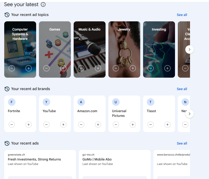 Below you’ll see your recent ad topics, ad brands, and ads
