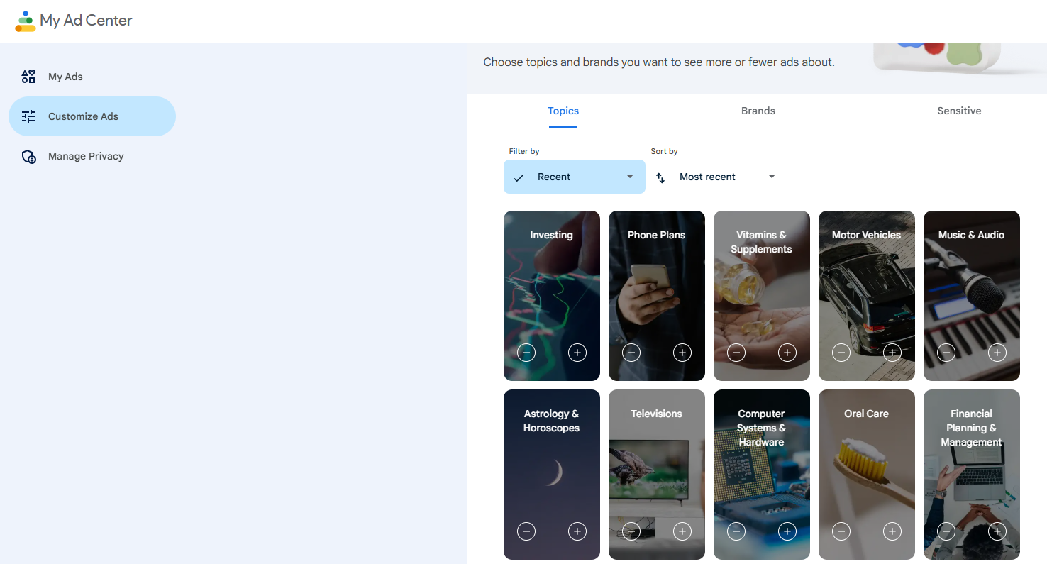 For a better view, you can click on See all to get an overview of all the ad topics and brands