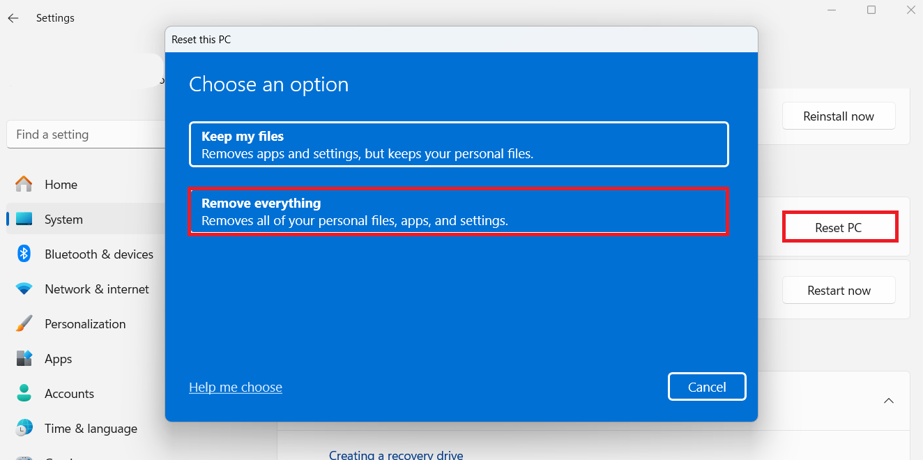 Click on Remove Everything