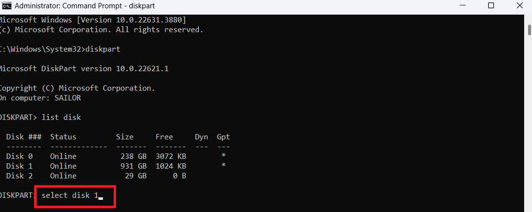 Type in Select disk 1