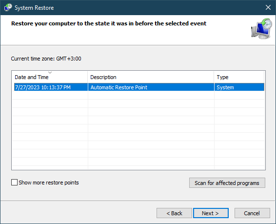 Click <em>Next</em>, then select the most recent working restore point