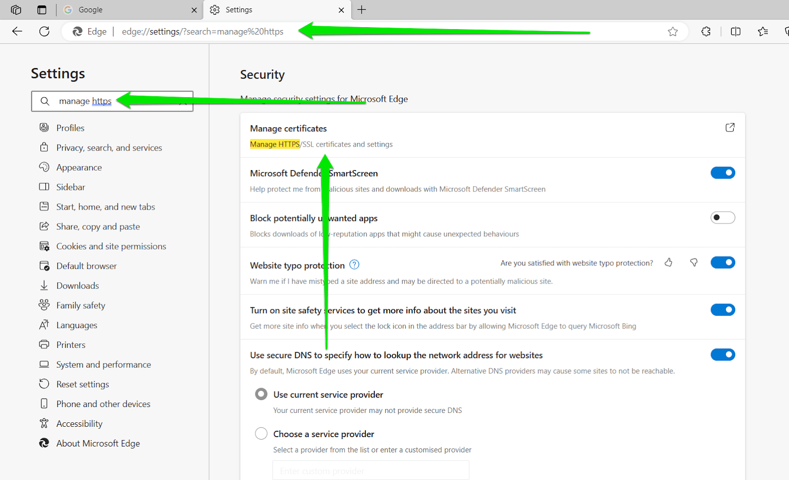 Type “Manage HTTPS” in the settings search bar.