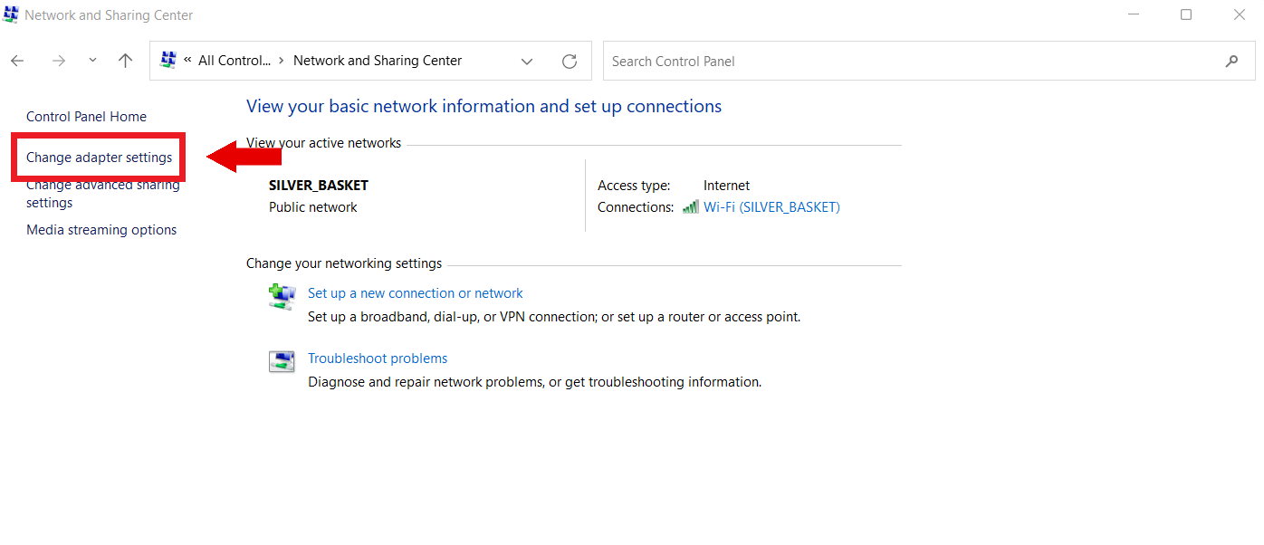 Click on Change adapter settings