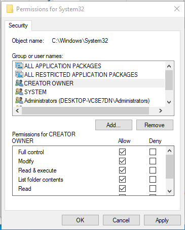 Click Creator Owner and allow it full control.