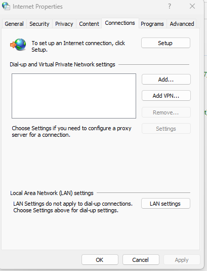 Open the <em>Connections</em> tab, then click on <em>LAN Settings</em>