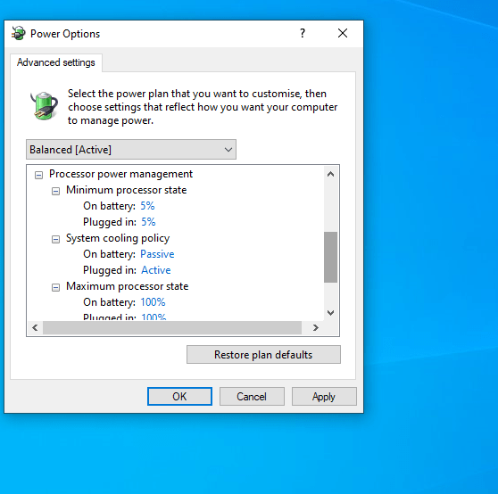 Power Options Advanced Settings battery